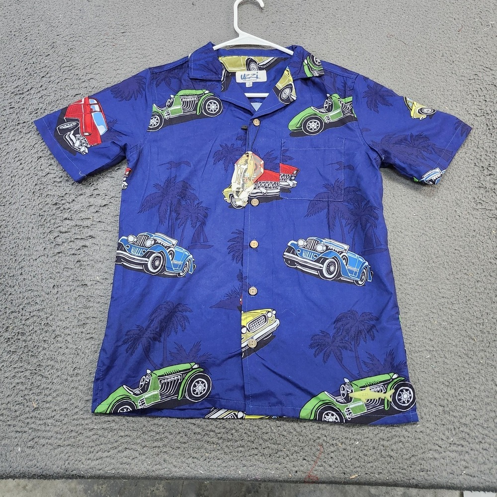 Uzzi Shirt Kids Large Blue Short Sleeve Car Graphic Hawaiian Button Front UV 50